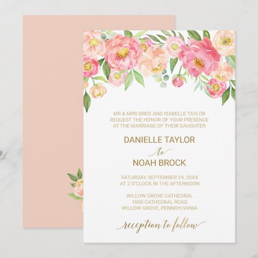 Perzik en roze pony Flowers Formele bruiloft Kaart (Voorkant / Achterkant)