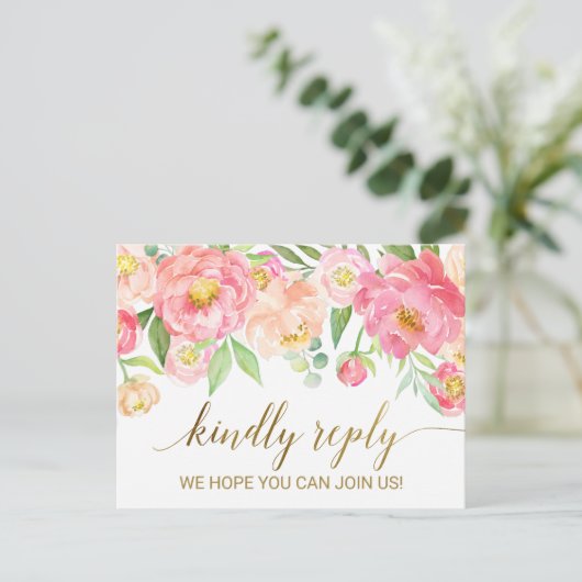 Perzik en roze pony Flowers RSVP Uitnodiging Briefkaart (Staand voorkant)
