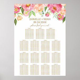 Perzik en roze pony Flowers Wedding Seating Chart Poster