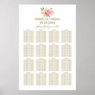 Perzik en roze pony Flowers Wedding Seating Chart Poster