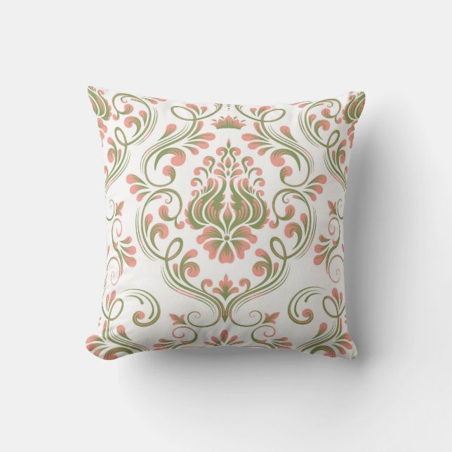 Perzik en Sage Green Damask Floral Pattern Elegant Kussen (Voorkant)