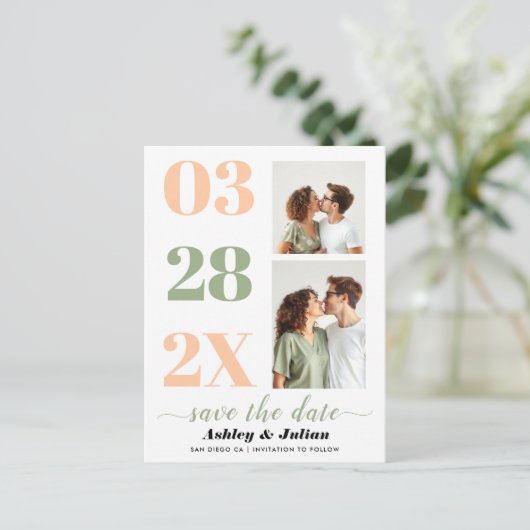 Perzik en sage groene twee foto sparen de Datum Briefkaart (Staand voorkant)