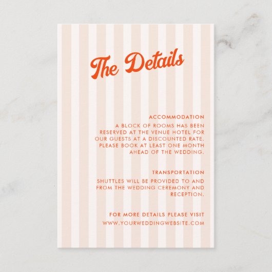 Perzik en Tangerine Gestreepte Retro Bruiloft Deta Informatiekaartje (Voorkant)