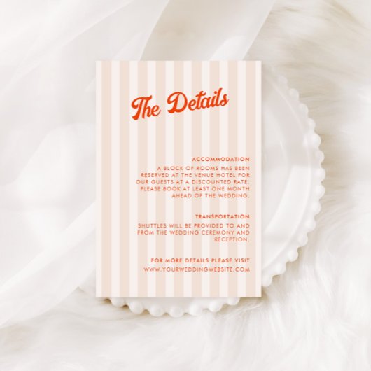 Perzik en Tangerine Gestreepte Retro Bruiloft Deta Informatiekaartje