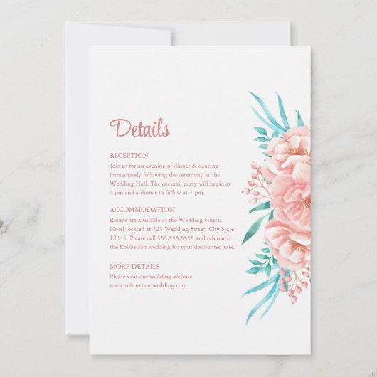 Perzik en Tosca Bloemen Bruiloft Details Kaart (Voorkant)