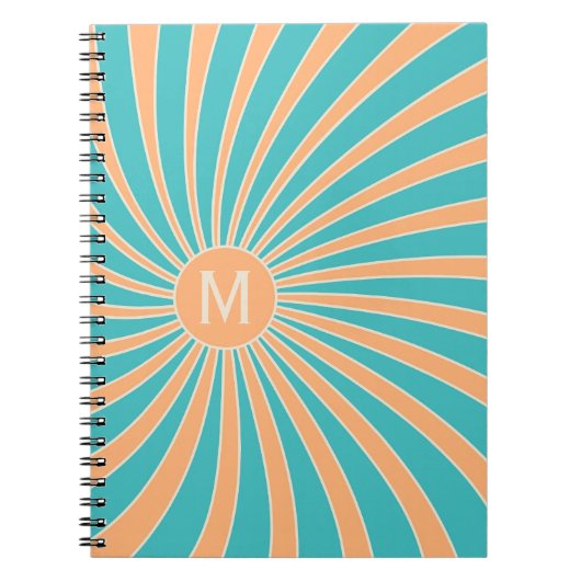 Perzik en turquoise retro stijl zonnestraalontwerp notitieboek (Voorkant)