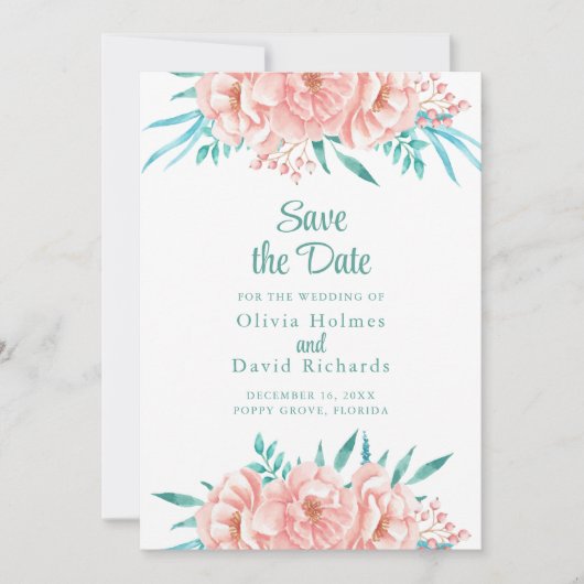 Perzik en Turquoise Save the Date Kaart (Voorkant)