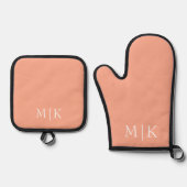 Perzik en wit | Modern monogram Ovenwant & Pannenlap Set (Voorkant)