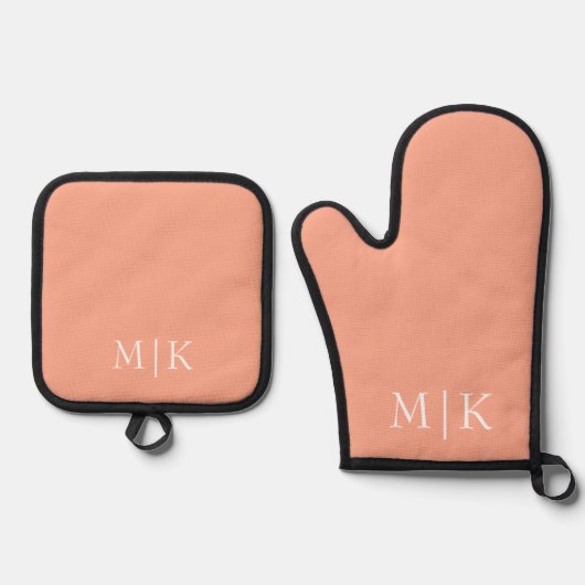 Perzik en wit | Modern monogram Ovenwant & Pannenlap Set (Voorkant)