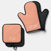 Perzik en wit | Modern monogram Ovenwant & Pannenlap Set (Voorkant / Achterkant)