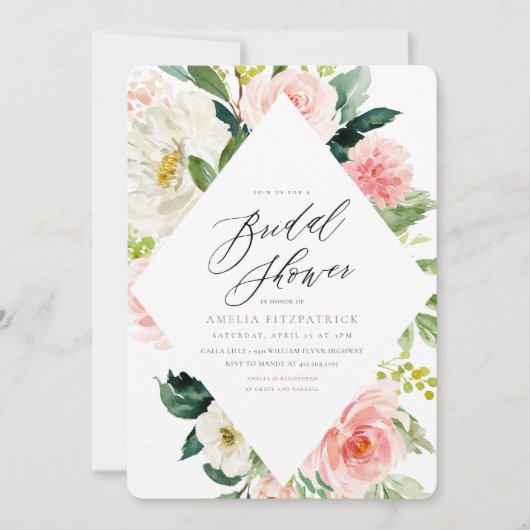 Perzik en witte bloemen bruids douche uitnodiging (Voorkant)