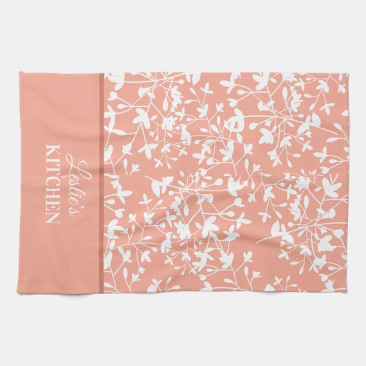 Perzik en witte bloemen monogram theedoek (Horizontaal)