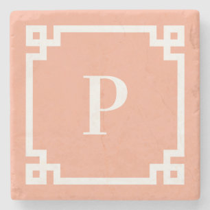 Perzik en Witte Griekse Sleutelrand Monogram Stenen Onderzetter