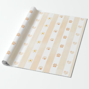 Perzik en witte streep - harten, bloemen, pootafdr cadeaupapier