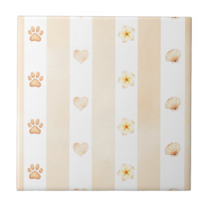 Perzik en witte streep - harten, bloemen, pootafdr tegeltje