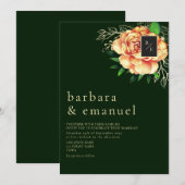 Perzik Floral Emerald Green Wedding Kaart (Voorkant / Achterkant)