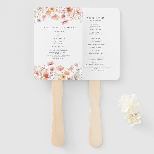 Perzik Floral Wildflower Wedding Program Hand Fan Handwaaier (Voorkant en achterkant)