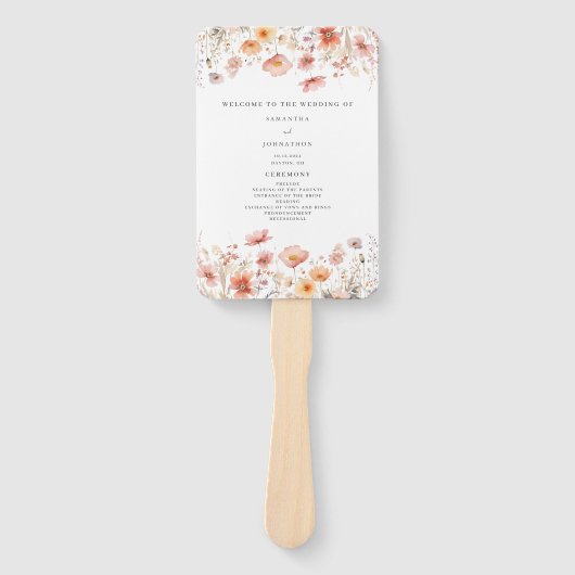 Perzik Floral Wildflower Wedding Program Hand Fan Handwaaier (Voorkant)