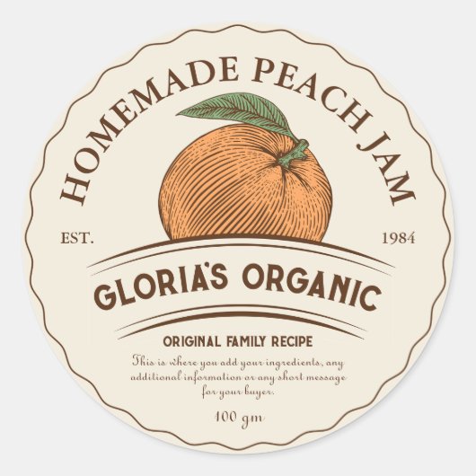 perzik fruitjam aangepaste productetiket ronde sticker (Voorkant)
