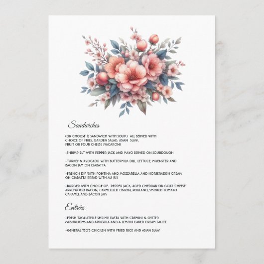 Perzik Fuzz Bloemen Bruiloft Menu (Achterkant)