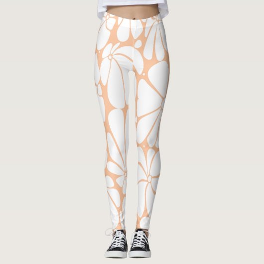 Perzik Fuzz Retro 70s Witte Bloem Grafisch Ontwerp Leggings (Voorkant)