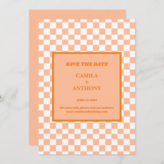 Perzik Fuzz Sinaasappel geruit Gingham Patroon Save The Date (Voorkant / Achterkant)