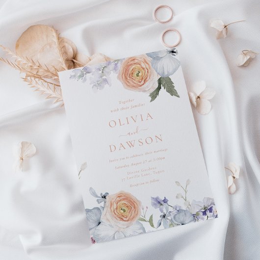 Perzik Fuzz Stoffig Blauw Modern Elegance Bruiloft Kaart