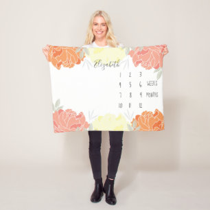 Perzik Geel Sinaasappel Pioenen Floral Baby Milest Fleece Deken