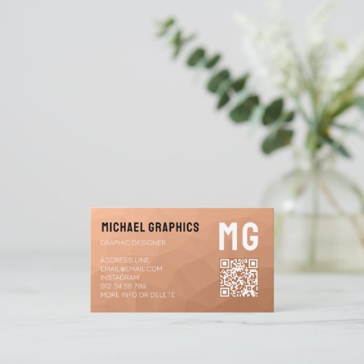Perzik geometrisch mesh patroon QR code Monogram Visitekaartje (Staand voorkant)