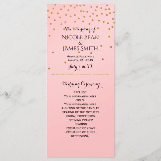 Perzik & Goud Glanzende Nep Folie Confetti Program Programma (Voorkant)