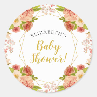 Perzik Goud Waterverf Bloemen Baby Shower Ronde Sticker