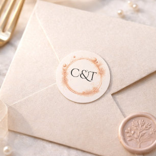 Perzik Gouden Glans Schrift Monogram Trouwdag Ronde Sticker