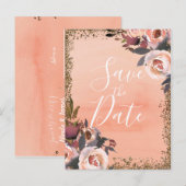 Perzik & Gouden Glitter Bloem Moderne Datum Beware Aankondigingskaart (Voorkant / Achterkant)