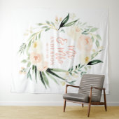 Perzik + groene Mr & Mrs waterverf bloemige trouw Wandkleed (In Situ (horizontaal))