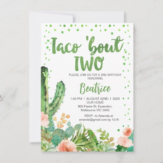 Perzik Groene Taco Over Twee 2e Verjaardag Uitnodi Kaart (Voorkant)