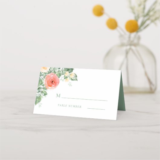 Perzik Groene Waterverf Bloemmonogram Romantisch (Voorkant)