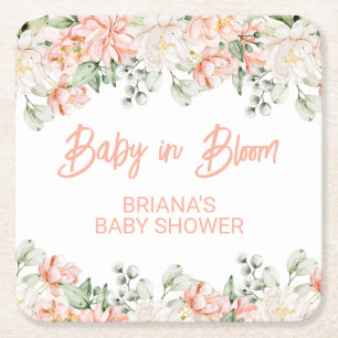 Perzik ivoor beige neutrale babyshower vierkante kartonnen onderzetter