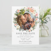 Perzik ivoor roze bloemen foto save the date kaart (Staand voorkant)