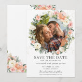 Perzik ivoor roze bloemen foto save the date kaart (Voorkant / Achterkant)