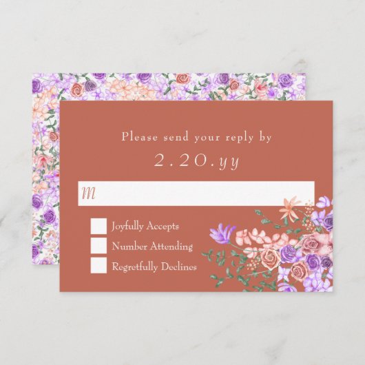 Perzik, Klei, Lila Rose Bouquet bruiloft RSVP Kaar (Voorkant / Achterkant)