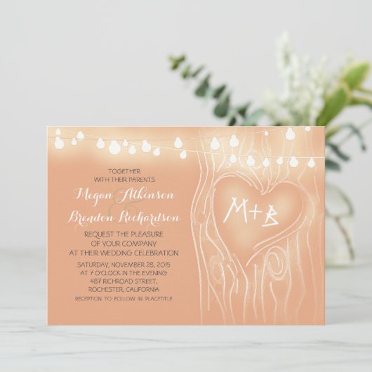 Perzik kleur string lichten boom romantische bruil kaart (Staand voorkant)