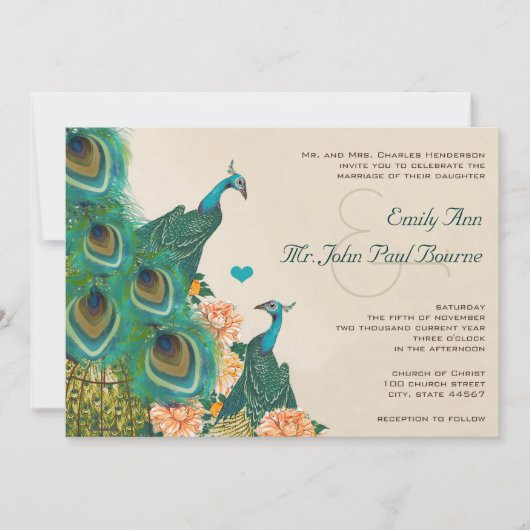 Perzik Koraal Abrikoos Pioen Vogelkooi Peacock Bru Kaart (Voorkant)