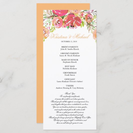 Perzik & Koraal Bloemen Huwelijk Programma (Voorkant / Achterkant)