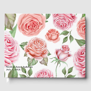 Perzik Koraal Roze Rozen Groene Bladeren Bruiloft Gastenboek