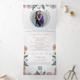 Perzik Lavendel Liefde Mint Groen Bloem Bruiloft Drieluik Uitnodiging