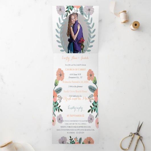 Perzik Lavendel Liefde Mint Groen Bloem Bruiloft Drieluik Uitnodiging (Binnen)