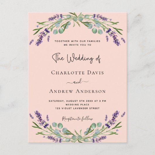 Perzik lavendel violette bloemen groen bruiloft uitnodiging briefkaart (Voorkant)