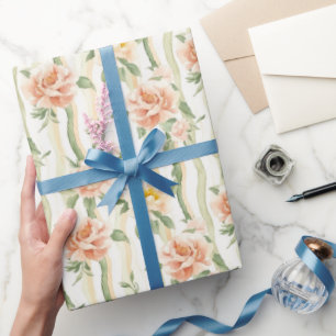 Perzik Mint Rozen Bloemrijke Strepen Verjaardag Cadeaupapier