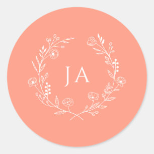 Perzik Monogram Bruiloft Ronde Sticker