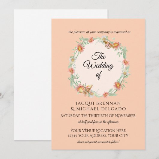 Perzik n Mint Butterfly Floral Wreath Wedding Kaart (Voorkant / Achterkant)